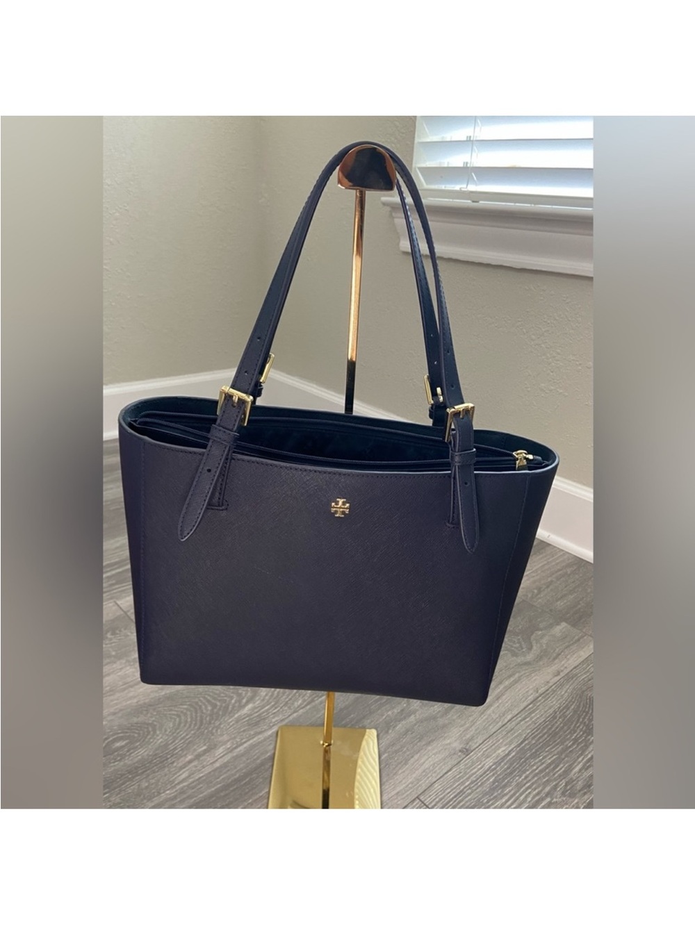 Tory Burch Navy Saffiano Tote with Gold Hardware